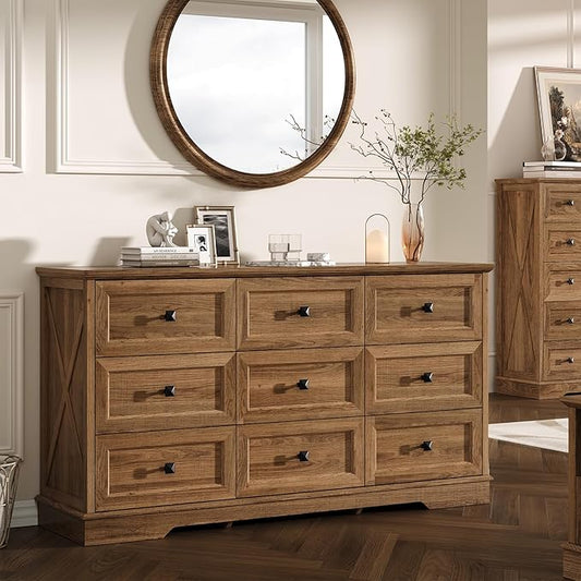 Farmhouse 9 Drawers Dresser Chests for Bedroom, 9 Drawers TV Stand, Long Wood Dressers Organizer for Closet, Modern Storage Organizer Cabinet for Bedroom, Hallway & Entryway, Natural Oak