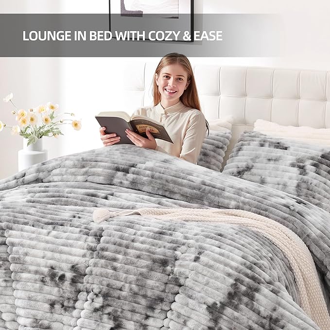 Smoofy Fluffy Queen Size Comforter Set 3 Pieces - Tie-dye Grey Fleece Fluffy Comforter Set, Luxury Fuzzy Queen Bedding Set, Soft Warm Bed Set All Season, Heavy Faux Fur Comforter with 2 Pillow Cases