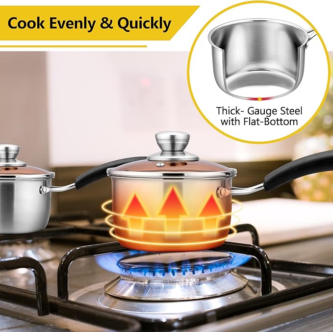 E-far Saucepan with Lid Set, 1 Quart and 2 Quart Stainless Steel Sauce Pan, Multipurpose Small Pot Set for Home Kitchen Restaurant Cooking, Easy Clean & Rust Free, Dishwasher Safe