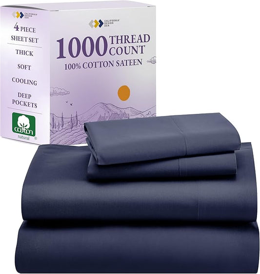 California Design Den Thick and Natural 100% Cotton Sheets Queen Size Bed Set - Luxury 1000 Thread Count Sateen, Deep Pockets, Soft, Breathable and Durable Bedding Sheets & Pillowcases - Navy Blue