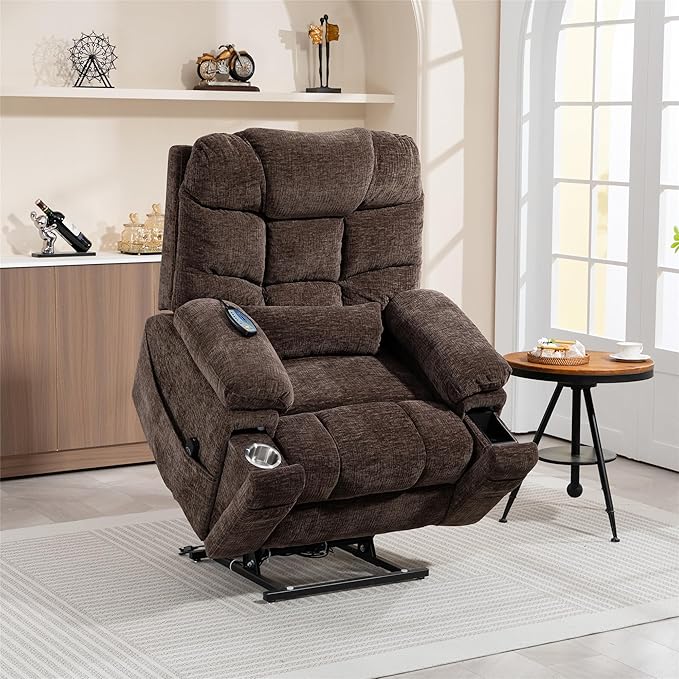 Oversized Lay Flat Power Lift Recliner Chair with Heat and Massage for Elderly, Infinite Position Heavy Duty Dual Motor Lift Chair 400 lbs with Cup Holder & Wireless Phone Charger