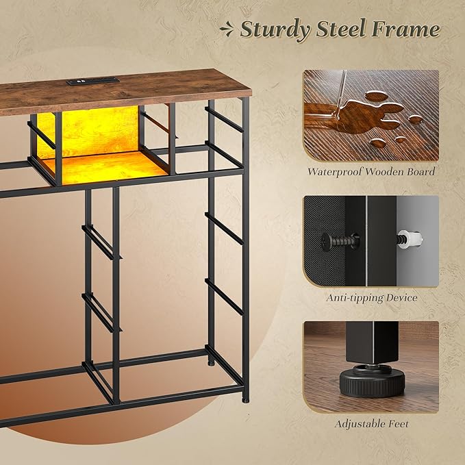 Dresser for Bedroom with Charging Station and LED and 10 Fabric Drawers, Sturdy Tall Chest of Drawers with 2 Open Storage Shelves Storage Tower for Closet, Hallway (Rustic Brown)