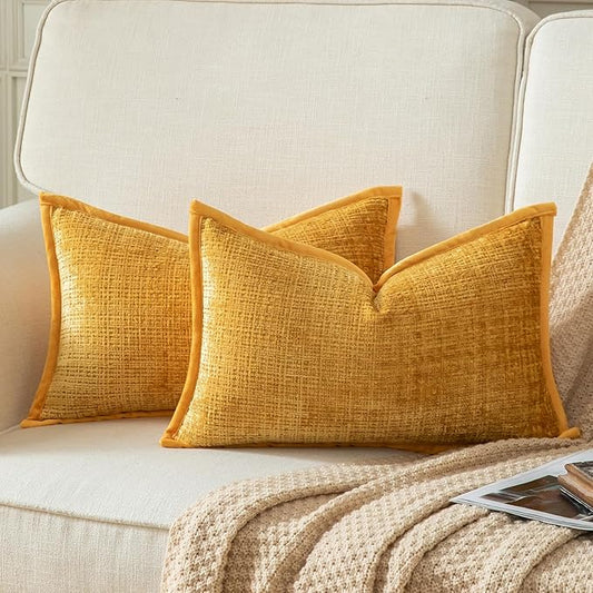 Yaertun Pack of 2 Chenille Textured Decorative Throw Pillow Covers Accent Solid Cushion Cover Soft Cozy Pillow Case with Velvet Back for Couch Sofa Bed Living Room 12x20 Inch Yellow