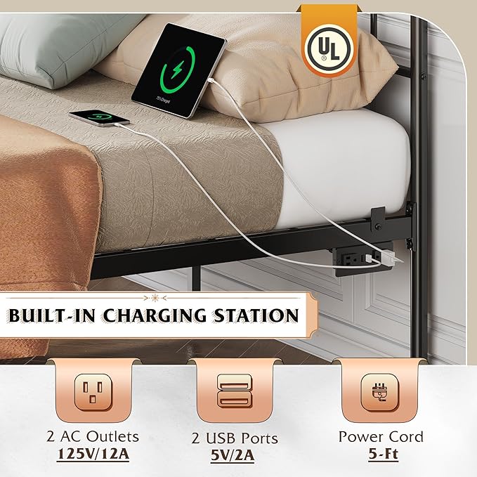 WLIVE Queen Bed Frame with Headboard, Bed Frame Queen Size with LED Lights and Charging Station, Metal Bed Frames with Storage, Black