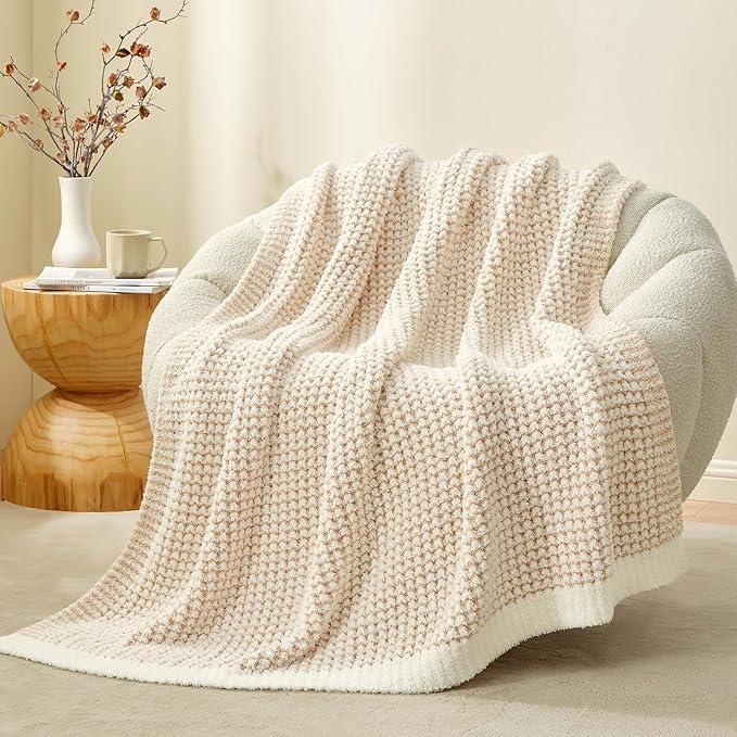 Snuggle Sac Cream Waffle Blanket for Couch Bed Sofa 60x80 inches, Reversible Beige Soft Throw Microfiber Fluffy Fuzzy Cozy Knit Twin Blanket for Women Mothers Birthday Gifts