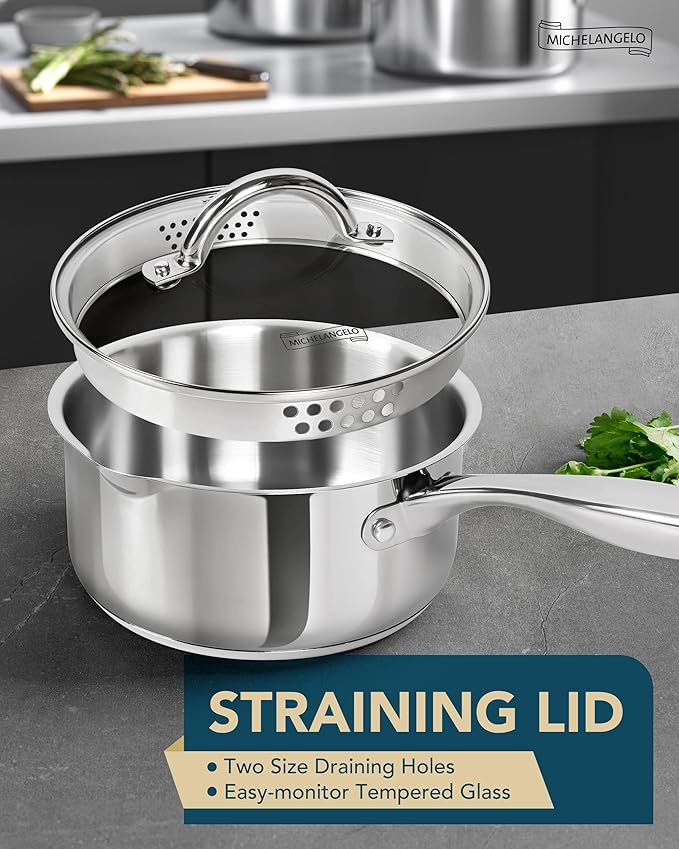 MICHELANGELO Stainless Steel Sauce Pot Set with Steamer 5Pcs, 18/10 Saucepan Set with Pour Spout & Strainer Glass Lids, Sauce pan with Triply Bottom Induction Compatible - 1QT & 2QT