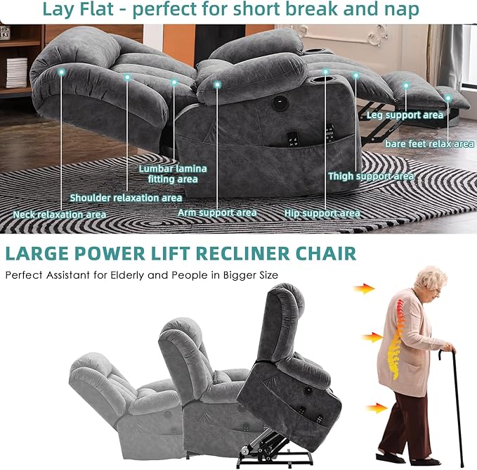 MEETWARM Oversized Dual Motor Lay Flat Power Lift Recliner Chair for Elderly with Heat Massage, Large Sleeping Electric Recliner with Extended Footrest, Lumbar Pillow, USB & Type-C Ports, Plush-Gray