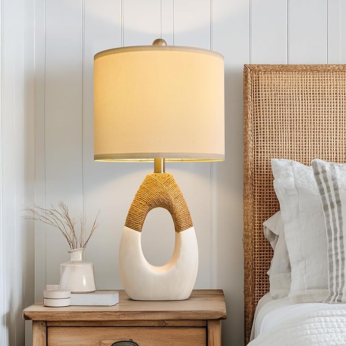 OYEARS 22” Boho Table Lamps for Bedroom Living Room Upgraded Set of 2 Medium Farmhouse Rattan Table Lamps, Rustic Home Decoration Nightstand Bedside Lamp for Office (Not Include Bulbs)