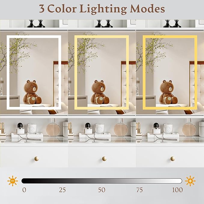 Vanity Desk with Mirror and Lights Makeup Vanity Desk with Lights 3 Colors 38" Dressing Table with Drawer and Cabinet for Bedroom Transparent Glass Top Power Outlet for Bedroom White