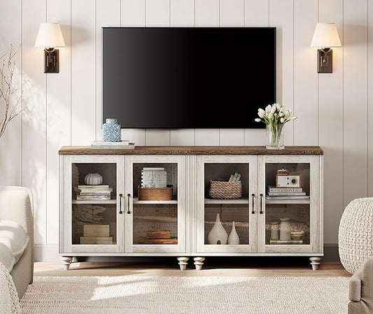 WAMPAT Farmhouse TV Stand for TVs Up to 75 inch, Glass Wooden Universal TV Stand with 2 Storage Cabinets, Entertainment Center, Console Table for Living Room, Bedroom, Rustic White