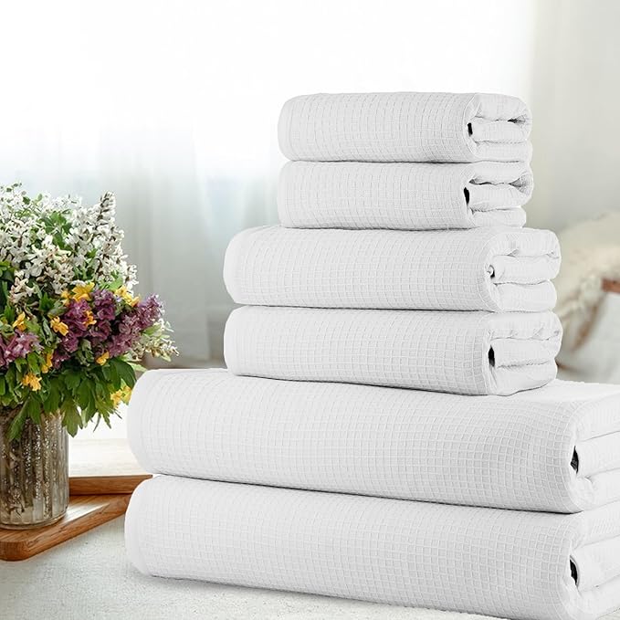 CASA COPENHAGEN Waffle Towel, 6Pieces 100% Cotton Large Towel Set- White, 2Bath 2Hand 2Washcloths Instant Absorb and Dry, Soft Strong Towels for Hotel Spa Kitchen Bathroom & Shower