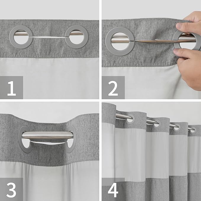 No Hooks Needed Linen Textured Shower Curtain with Snap-in Fabric Liner Set,Hotel Luxury Decor Shower Curtains for Bathroom with See Through Top Window,Waterproof & Washable,71Wx74H,Gray