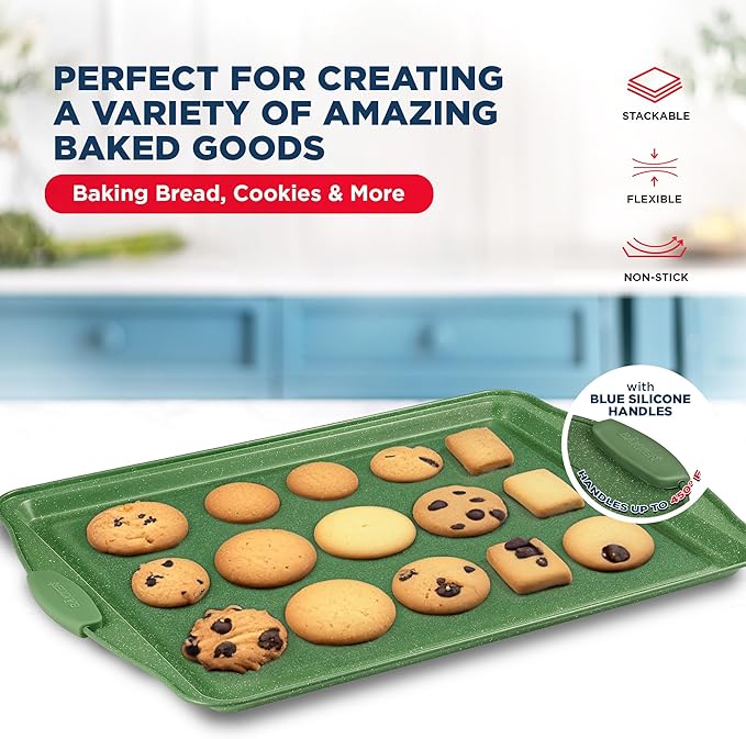 BAKKEN Kitchen Baking Pan Set - Nonstick Green Marble Coating, Carbon Steel Bakeware Sets with Green Silicone Handles, Kitchen Essentials, PFOA, PFOS, PTFE Free, Oven Safe (Up To 450° F), Set of 3