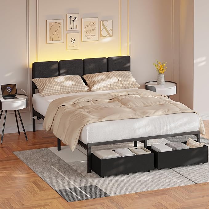 Furnulem Full Size Bed Frame with Headboard,Upholstered Bed Full with LED Light,USB Charging Station,Platform Bedframe with 2 Fabric Underbed Storage Drawers,No Spring Box Needed