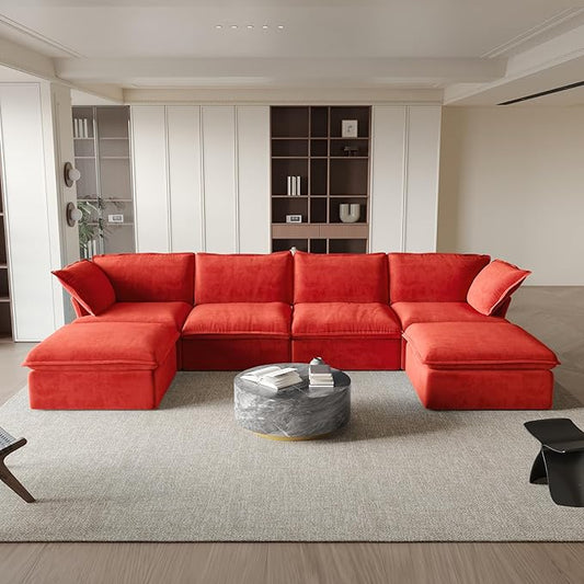 JACH U-Shaped Couches for Living Room, Convertible Sectional Sofa, Modern Deep Seat Soft Cloud Couch, Modular Sectional Sofas with Two Ottomans for Living Room, Apartment (Red)