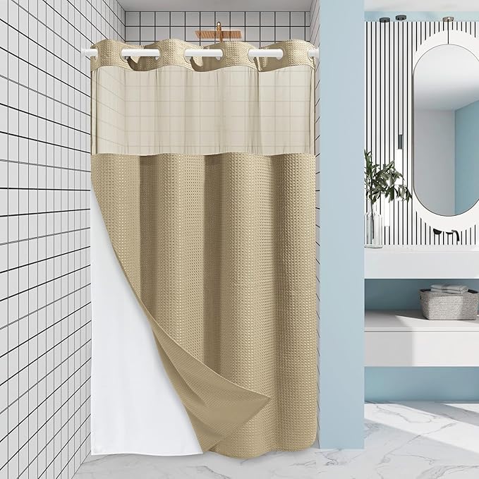 Beige Stall No Hook Shower Curtain with Snap in Liner,230GSM Waffle Weave Shower Curtains for Bathroom,54W x 80H