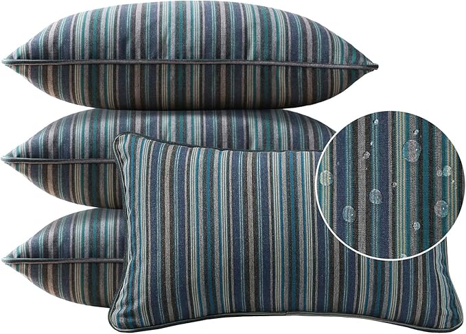 Sunbrella Decorative Outdoor Water Repellent Throw Pillows with Inserts, Set of 4, 20" x12" Pillows for Patio, Backyard, Bed, Couch, and Patio Furniture, Troupe Dock