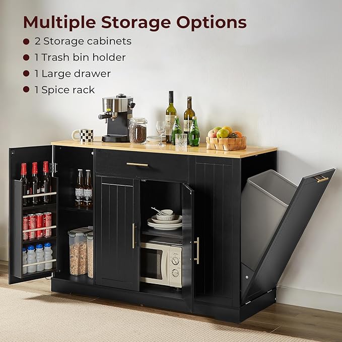 53" Long Kitchen Island with Trash Can Storage, Black Kitchen Cart with Garbage Bin 10 Gallon, Wood Island with Trash Can, Wood Top, Spice Rack and Drawers