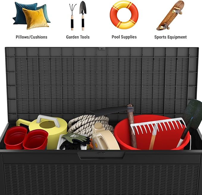 Mars Villa 60 Gallon Deck Box, Outdoor Storage Box Waterproof, Outside Resin Storage Bin for Outdoor Patio Furniture Cushions, Pool Supplies, Garden Tools, UV-Resistant and Weatherproof, Rattan Black