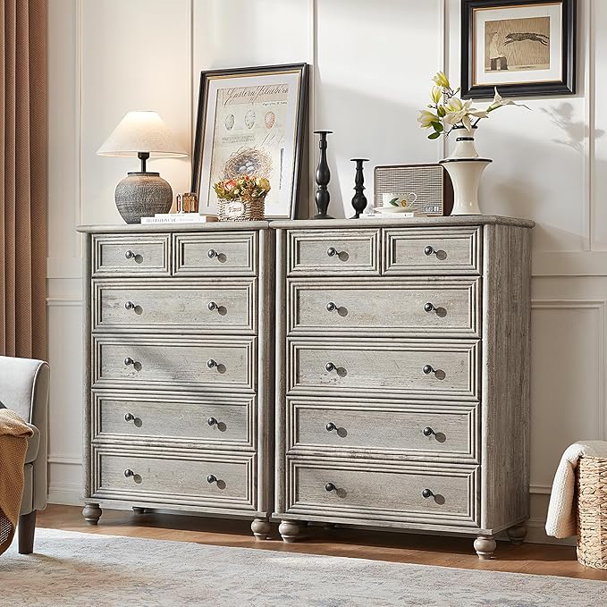Farmhouse 6 Drawer Dresser, Grey Chest of Drawers, 43.5" Tall Dressers for Bedroom with Roman Column and Metal Handles, Rustic Wood Storage Organizer for Living Room, Hallway, Closet