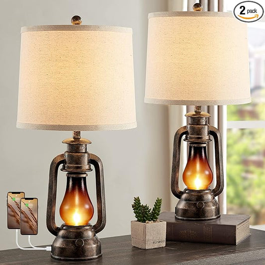 Farmhouse Rustic Table Lamps for Bedroom Set of 2, Vintage Lantern Lamp with Dual USB Charging Ports,25" Retro Antique Bedside Nightstand Desk Lamp for Living Room End Table Entryway, 4 Bulb Included