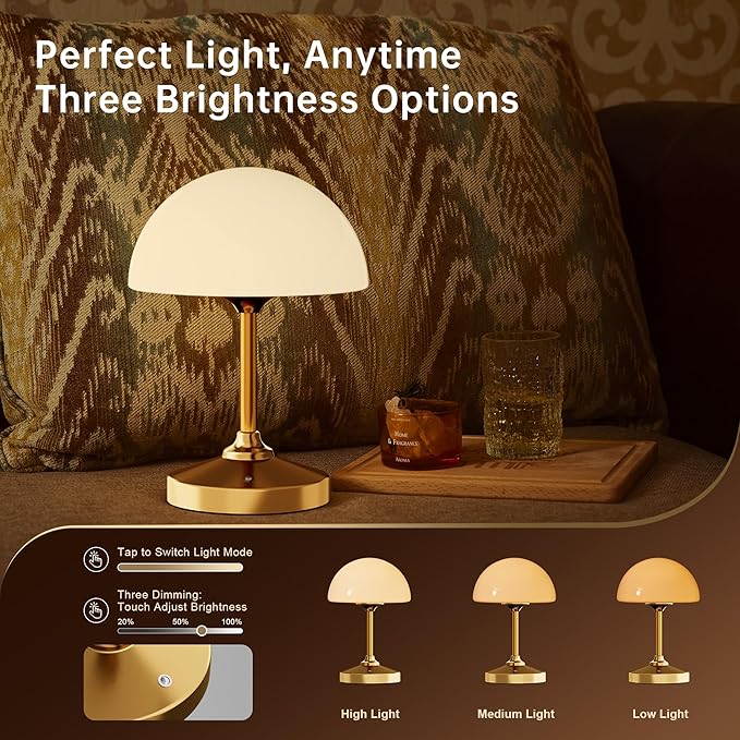 Mushroom Lamp Table Lamp Waterproof,Desk Cordless Battery Operated Lamps for Bedroom,Outdoor Cordless Rechargeable Bedside Lamps for Night Stands,5000mAh LED Night Light for Living Room(Gold)