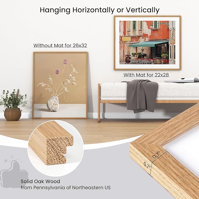 Axeman 26x32 Frame | Solid Oak Wood 26x32 Poster Frame With Mat for 22x28 | 32x26 Wood Picture Frame | Tempered Glass and Hanging Hardware Included Home Wall Decor Art Hanging Frame | Natural