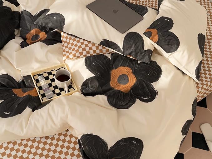 CLOTHKNOW Black Floral Twin/Twin XL Comforter Set Sunflower Bedding Comforter Sets Brown Plaid Comforter Boho Comforter with 2 x Pillow Cases