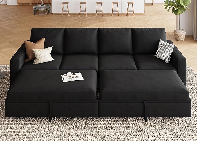 HONBAY Modular Sectional Sleeper Sofa Bed, with Pull Out Bed, Linen Convertible Sectional Couches for Living Room - Black