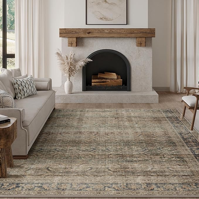 FMFUNCTEX 6x9 Washable Area Rug Brown Vintage Neutral Distressed Large Non Slip Carpet for Living Room Bedroom Soft Low Pile Indoor Mat Retro Throw Rug for Dining Room Kitchen Office Nursery, Multi