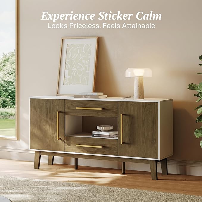 BELLEZE 63" Mid-Century Modern TV Stand for TV up to 65", Storage Media Console with Two Drawers and Cabinets, Entertainment Center for Living Room(Dark Walnut)