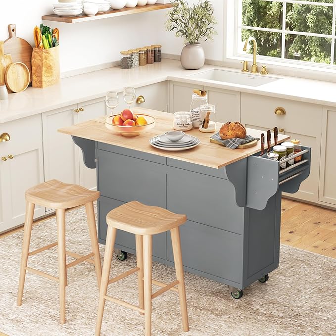 HOMCOM Rolling Kitchen Island Cart with Drop Leaf, Kitchen Cart on Wheels with Rubber Wood Top, 2 Drawers and 2 Storage Cabinets, Island Table for Kitchen, Dining Room, Dark Gray