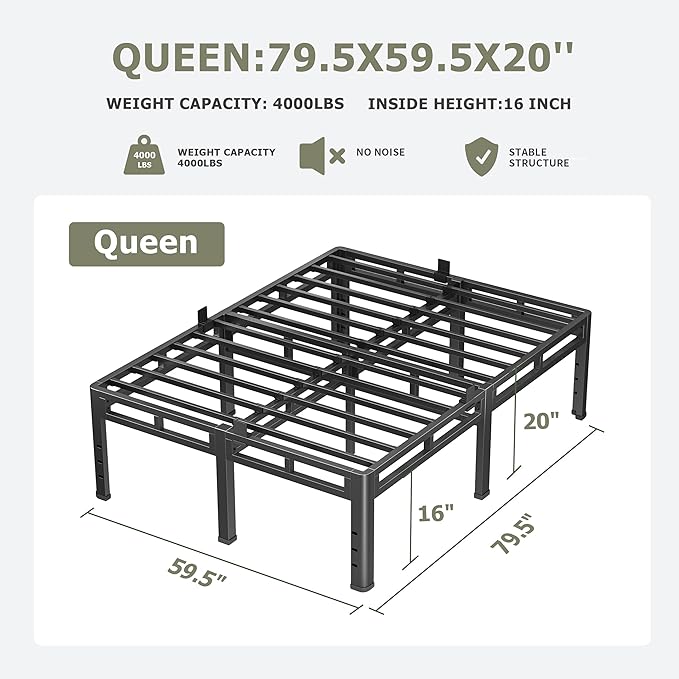 NKZ Queen Size Bed Frame 20 Inch, Metal Bed Frame & Box Spring 2 in 1 Platform with Round Corner Legs, 4000lbs Weight Capacity Reinforced Metal Frame, Headboard Hole, Noise-Free, Easy Assembly