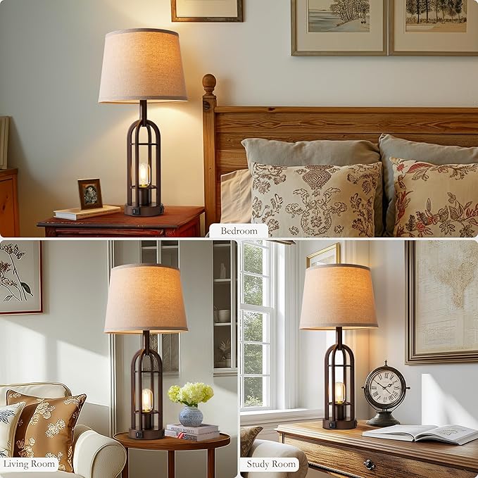Table Lamps for Living Room End Table Set of 2 - Farmhouse Industrial Bedside Lamps for Bedroom Nightstand with Nightlight and USB A+C, 4 Bulbs Included