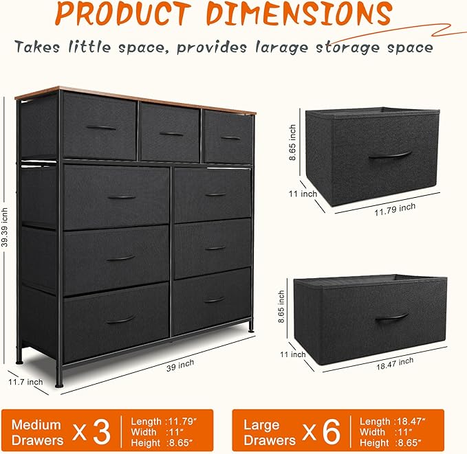 Dresser for Bedroom with 9 Drawers, Chest of Drawers, Storage Drawers Organizer Unit, Black Wide Fabric Dresser with Fabric Bins for Closet, Living Room, Entryway (Black and Rustic Brown)