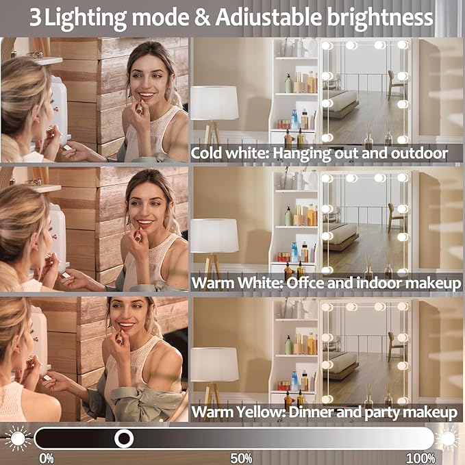 Dressing Table with Power Outlet for Hair Dryer, Phone Charging, Vanity Set with Miror and Lights, 5 Drawers and 6 Cabinets, Makeup Table for Girls, White