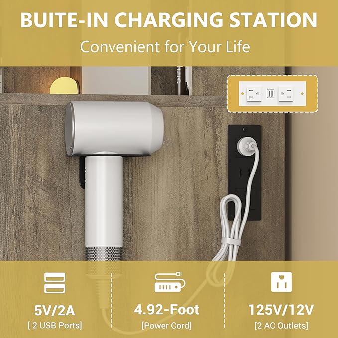 Makeup Vanity Desk with Mirror and Lights, Glass Top Vanity Table Set with Drawers & Power Outlet, Large Dressing Table with 3 Color Lighting Modes & RGB Cabinets for Women Girls Kids Bedroom, Grey