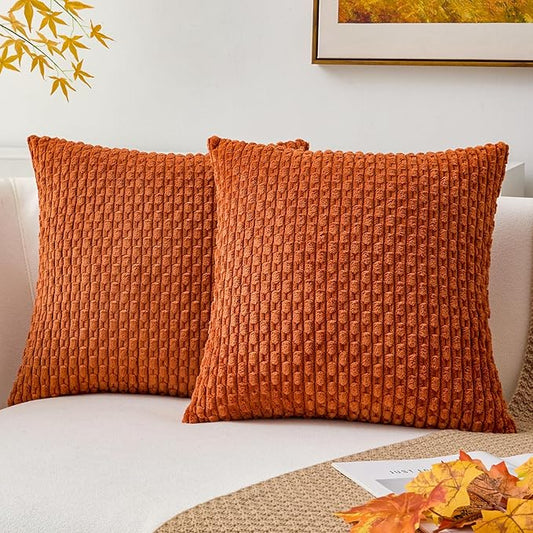 Kevin Textile Fall 2 Packs Boho Decorative Throw Pillow Covers 20x20 Inch for Living Room Couch Bed Sofa Rustic Modern Farmhouse Home Decor Soft Corduroy Square Cushion Case, Rust