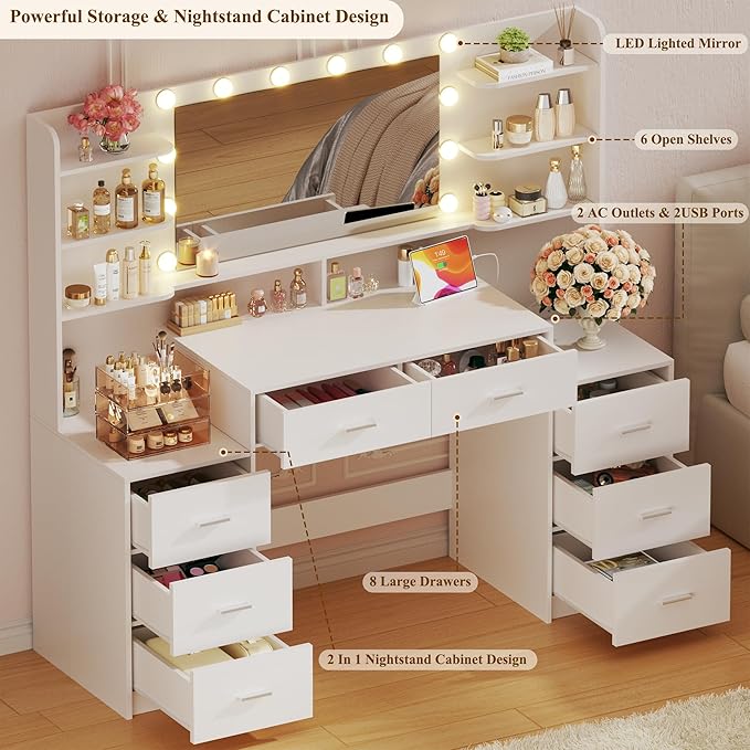 Large Vanity Desk with Mirror & Lights, White Makeup Vanity with 8 Drawers & 6 Storage Shelves, Vanity Set with LED Lights and Power Outlet, 3 Lighting Modes, Adjustable Brightness