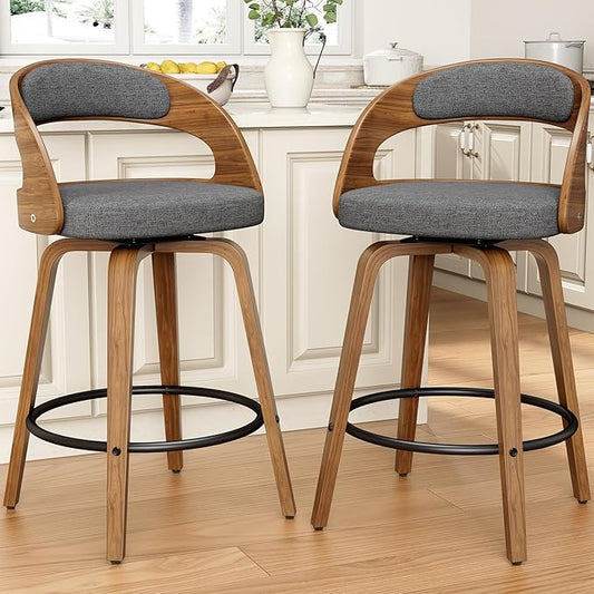 Swivel Bar Stools Set of 2, 26" Counter Height Bentwood Barstool, Mid-Century Modern Upholstered Fabric Bar Chair with Back and Footrest, for Kitchen Island, Bar, Cafe, Dining Room, Grey Linen