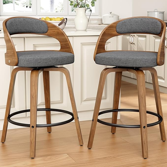 Swivel Bar Stools Set of 3, 26" Counter Height Bentwood Barstool, Mid-Century Modern Upholstered Fabric Bar Chair with Back and Footrest, for Kitchen Island, Bar, Cafe, Dining Room, Grey Linen