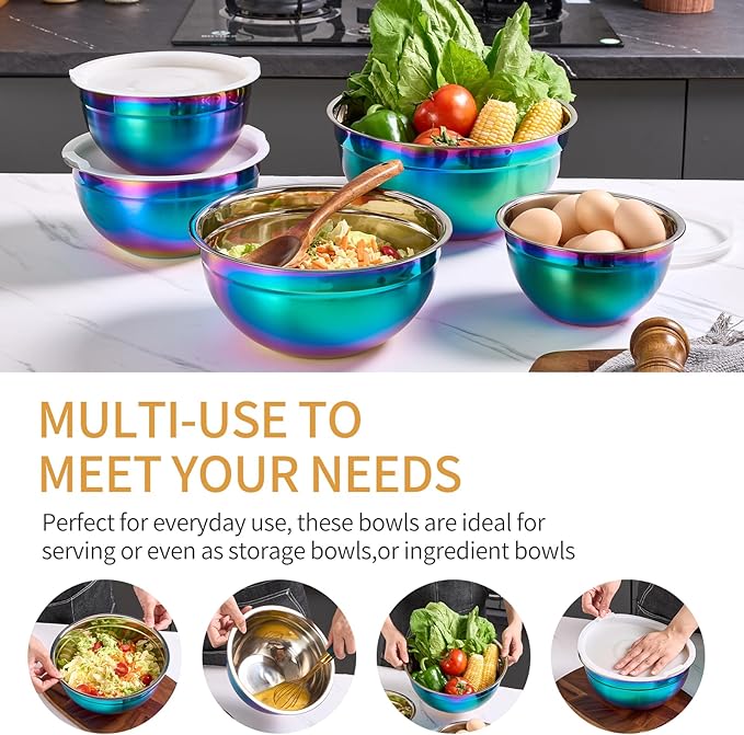 Colorul Mixing Bowls with Airtight Lids, Stainless Steel Nesting Mixing Bowls Set of 5, Ideal for Baking, Prepping and Serving Food, Size 5.5, 3.6, 2.7, 2.1, 1.5, QT, Stackable Design