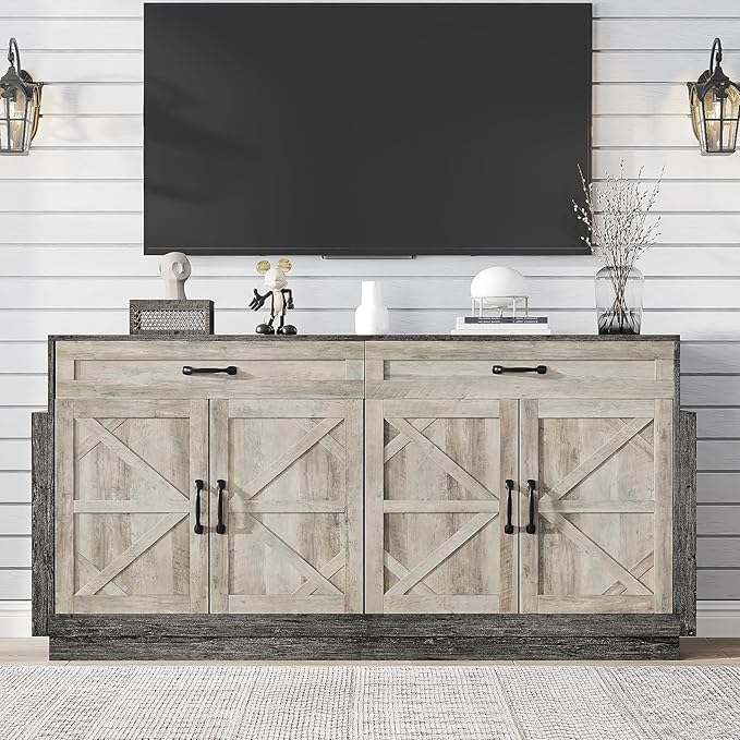 64" Wide Large TV Stand for Bedroom, Entertainment Center with Storage Cabinets Rustic Farmhouse Style TV Console Table with Barn Doors and 2 Drawers