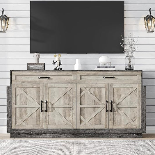 64" Wide Large TV Stand for Bedroom, Entertainment Center with Storage Cabinets Rustic Farmhouse Style TV Console Table with Barn Doors and 2 Drawers