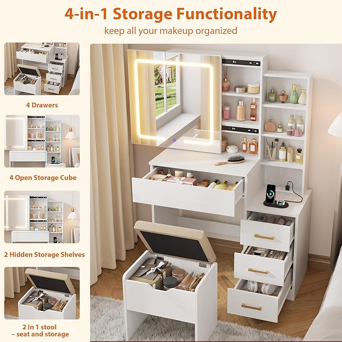 Senfot White Vanity Desk with Sliding Mirror and Lights, Modern Makeup Vanity Table with 4 Drawers and 7 Storage Shelves, Dressing Table with Stool and Charging Station, 3 Lighting Modes, for Bedroom