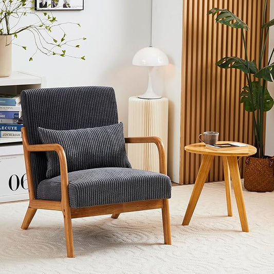 IKIFLY Mid Century Modern Accent Chair with Pillow, Upholstered Lounge Armchair with Solid Wood Frame, Reading Chair with Lumbar Cushion for Living Room, Office, Reading Room, Bedroom - Dark Grey
