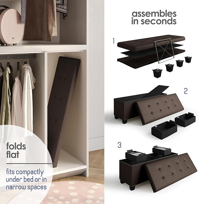 STORAGEBUD Storage Ottoman Bench with Bins, 43-in Storage Bench for Bedroom End of Bed, Folding Foot Rest Ottoman for Living Room Max 660lbs, Faux Leather Ottomans, Brown