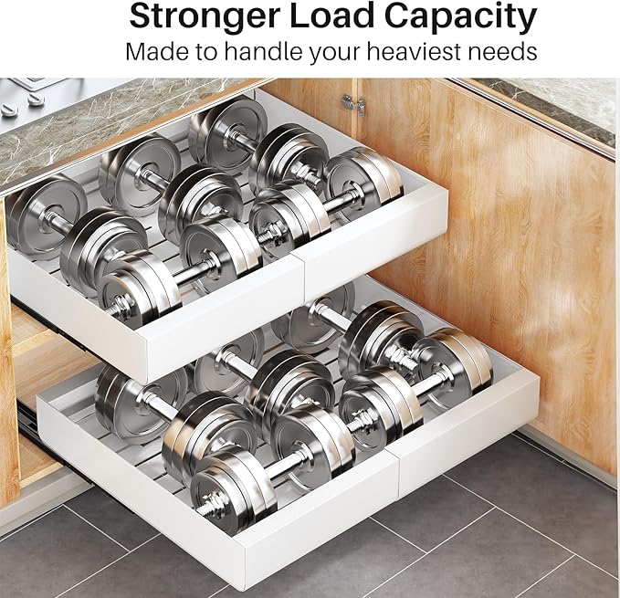 2 Packs Pull out Cabinet Organizer, Expandable(12"-20") Heavy Duty Slide out Drawers Fixed with Adhesive Nano Film for Pots, Roll out Shelf Storage for Kitchen Base Cabinet Organization