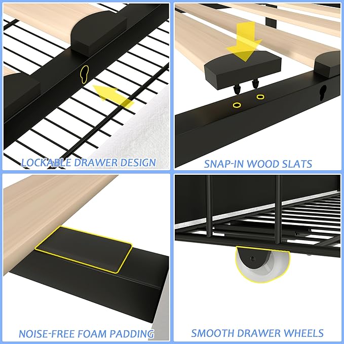 VECELO King Size Upholstered Platform Bed Frame with 4 Storage Drawers, Adjustable Velvet Rivet Decor Headboard, Wooden Slats Support, No Box Spring Needed, Easy Assembly