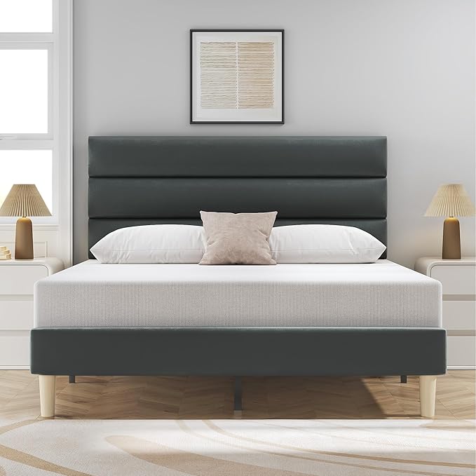 Full Bed Frame, Platform Bed Frame with Velvet Upholstered Headboard, No Box Spring Needed, Sturdy Metal Support, Noise Free, Easy Assembly, Modern Bedroom Furniture, Grey